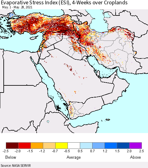 Middle East and Turkey Evaporative Stress Index (ESI), 4-Weeks over Croplands Thematic Map For 5/24/2021 - 5/30/2021