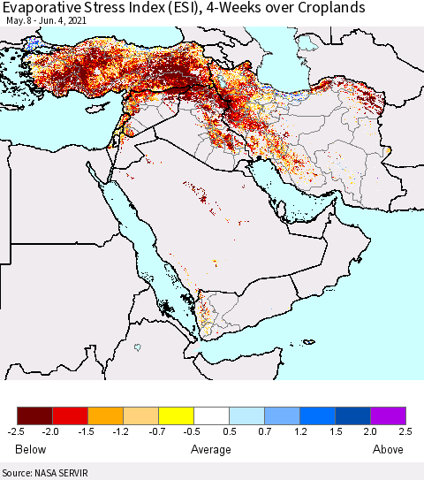 Middle East and Turkey Evaporative Stress Index (ESI), 4-Weeks over Croplands Thematic Map For 5/31/2021 - 6/6/2021