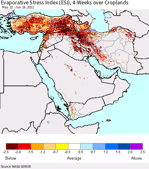 Middle East and Turkey Evaporative Stress Index (ESI), 4-Weeks over Croplands Thematic Map For 6/14/2021 - 6/20/2021