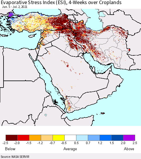 Middle East and Turkey Evaporative Stress Index (ESI), 4-Weeks over Croplands Thematic Map For 6/28/2021 - 7/4/2021