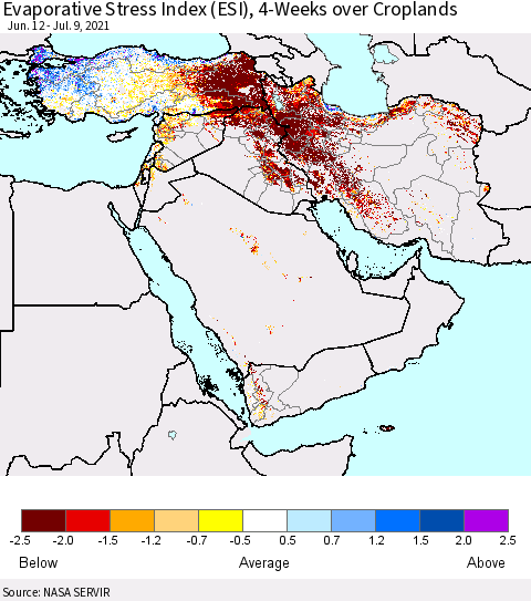 Middle East and Turkey Evaporative Stress Index (ESI), 4-Weeks over Croplands Thematic Map For 7/5/2021 - 7/11/2021