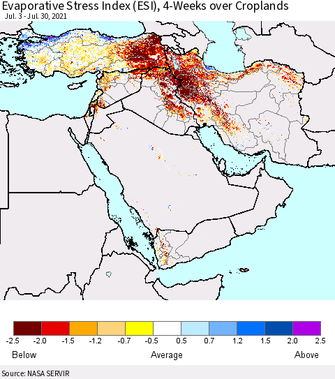 Middle East and Turkey Evaporative Stress Index (ESI), 4-Weeks over Croplands Thematic Map For 7/26/2021 - 8/1/2021
