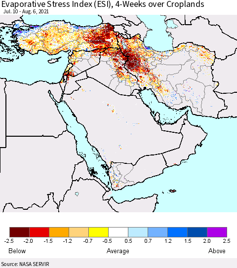 Middle East and Turkey Evaporative Stress Index (ESI), 4-Weeks over Croplands Thematic Map For 8/2/2021 - 8/8/2021