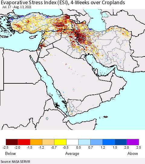 Middle East and Turkey Evaporative Stress Index (ESI), 4-Weeks over Croplands Thematic Map For 8/9/2021 - 8/15/2021