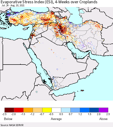 Middle East and Turkey Evaporative Stress Index (ESI), 4-Weeks over Croplands Thematic Map For 8/16/2021 - 8/22/2021