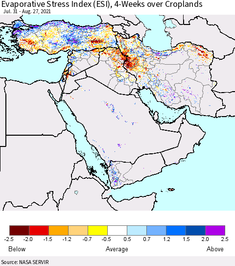 Middle East and Turkey Evaporative Stress Index (ESI), 4-Weeks over Croplands Thematic Map For 8/23/2021 - 8/29/2021