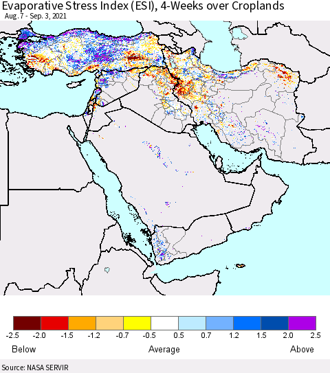 Middle East and Turkey Evaporative Stress Index (ESI), 4-Weeks over Croplands Thematic Map For 8/30/2021 - 9/5/2021
