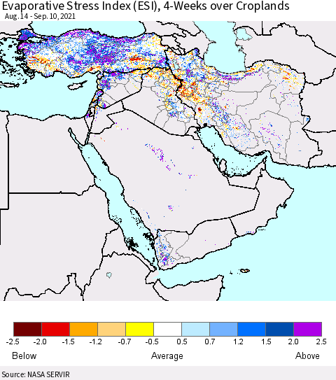 Middle East and Turkey Evaporative Stress Index (ESI), 4-Weeks over Croplands Thematic Map For 9/6/2021 - 9/12/2021