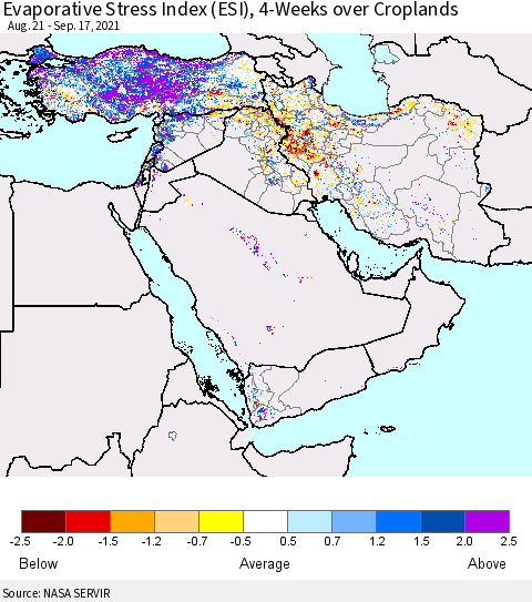 Middle East and Turkey Evaporative Stress Index (ESI), 4-Weeks over Croplands Thematic Map For 9/13/2021 - 9/19/2021
