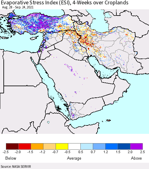 Middle East and Turkey Evaporative Stress Index (ESI), 4-Weeks over Croplands Thematic Map For 9/20/2021 - 9/26/2021