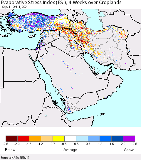 Middle East and Turkey Evaporative Stress Index (ESI), 4-Weeks over Croplands Thematic Map For 9/27/2021 - 10/3/2021