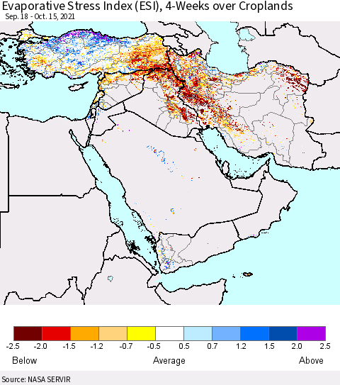 Middle East and Turkey Evaporative Stress Index (ESI), 4-Weeks over Croplands Thematic Map For 10/11/2021 - 10/17/2021