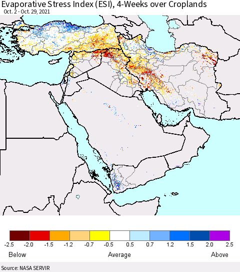 Middle East and Turkey Evaporative Stress Index (ESI), 4-Weeks over Croplands Thematic Map For 10/25/2021 - 10/31/2021