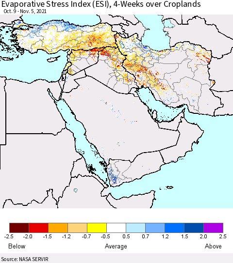 Middle East and Turkey Evaporative Stress Index (ESI), 4-Weeks over Croplands Thematic Map For 11/1/2021 - 11/7/2021