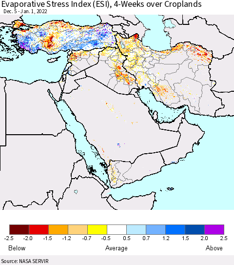 Middle East and Turkey Evaporative Stress Index (ESI), 4-Weeks over Croplands Thematic Map For 12/27/2021 - 1/2/2022
