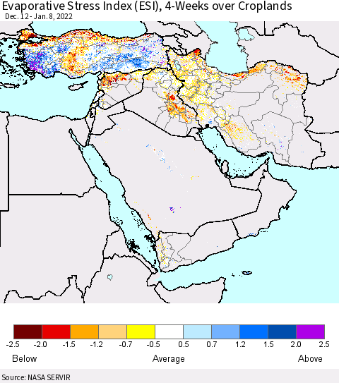 Middle East and Turkey Evaporative Stress Index (ESI), 4-Weeks over Croplands Thematic Map For 1/3/2022 - 1/9/2022
