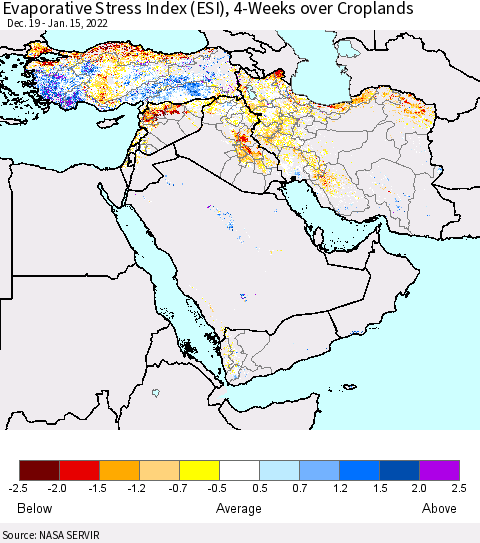 Middle East and Turkey Evaporative Stress Index (ESI), 4-Weeks over Croplands Thematic Map For 1/10/2022 - 1/16/2022