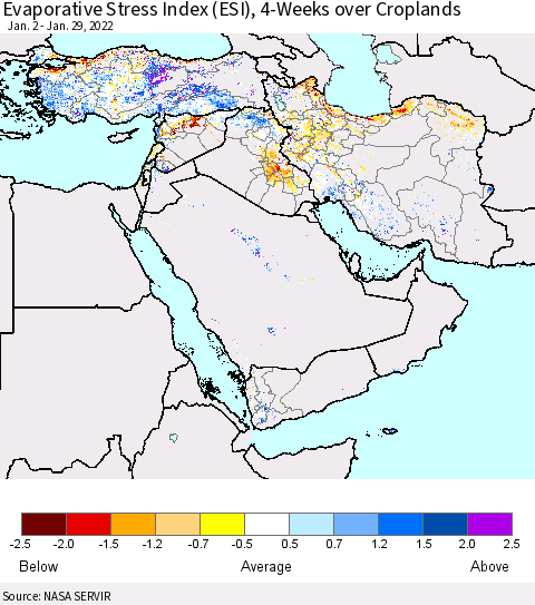 Middle East and Turkey Evaporative Stress Index (ESI), 4-Weeks over Croplands Thematic Map For 1/24/2022 - 1/30/2022
