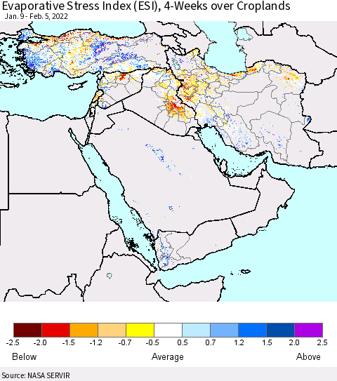 Middle East and Turkey Evaporative Stress Index (ESI), 4-Weeks over Croplands Thematic Map For 1/31/2022 - 2/6/2022