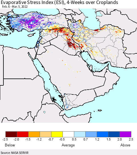 Middle East and Turkey Evaporative Stress Index (ESI), 4-Weeks over Croplands Thematic Map For 2/28/2022 - 3/6/2022