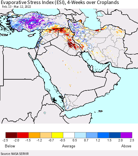 Middle East and Turkey Evaporative Stress Index (ESI), 4-Weeks over Croplands Thematic Map For 3/7/2022 - 3/13/2022