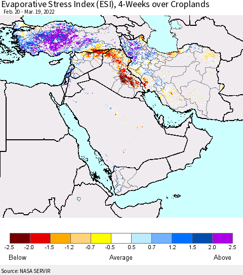 Middle East and Turkey Evaporative Stress Index (ESI), 4-Weeks over Croplands Thematic Map For 3/14/2022 - 3/20/2022