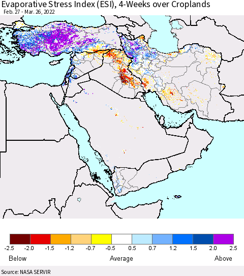 Middle East and Turkey Evaporative Stress Index (ESI), 4-Weeks over Croplands Thematic Map For 3/21/2022 - 3/27/2022