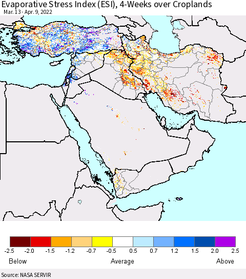 Middle East and Turkey Evaporative Stress Index (ESI), 4-Weeks over Croplands Thematic Map For 4/4/2022 - 4/10/2022