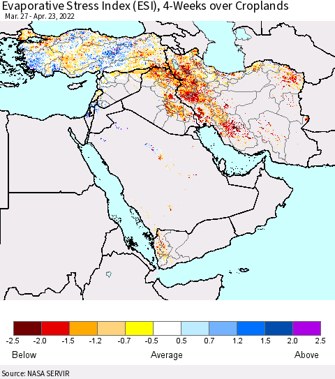 Middle East and Turkey Evaporative Stress Index (ESI), 4-Weeks over Croplands Thematic Map For 4/18/2022 - 4/24/2022