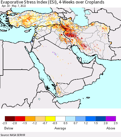 Middle East and Turkey Evaporative Stress Index (ESI), 4-Weeks over Croplands Thematic Map For 5/2/2022 - 5/8/2022