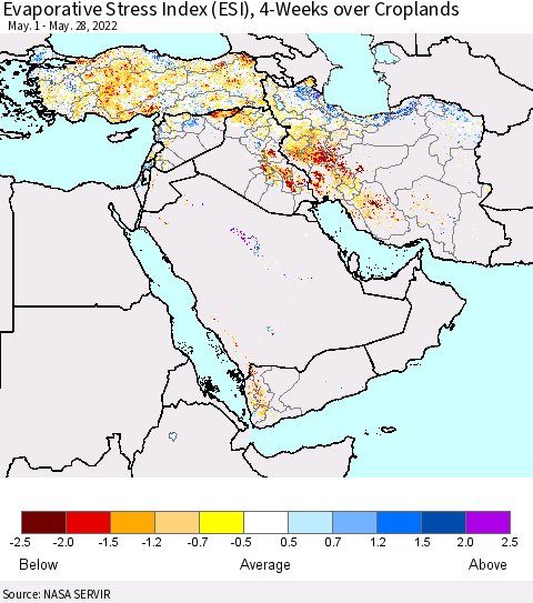 Middle East and Turkey Evaporative Stress Index (ESI), 4-Weeks over Croplands Thematic Map For 5/23/2022 - 5/29/2022