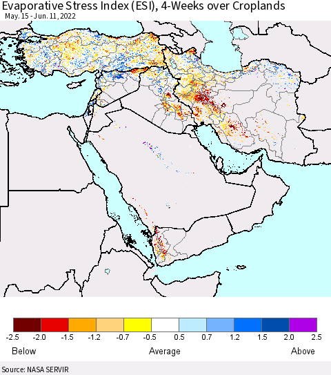 Middle East and Turkey Evaporative Stress Index (ESI), 4-Weeks over Croplands Thematic Map For 6/6/2022 - 6/12/2022