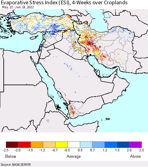 Middle East and Turkey Evaporative Stress Index (ESI), 4-Weeks over Croplands Thematic Map For 6/13/2022 - 6/19/2022