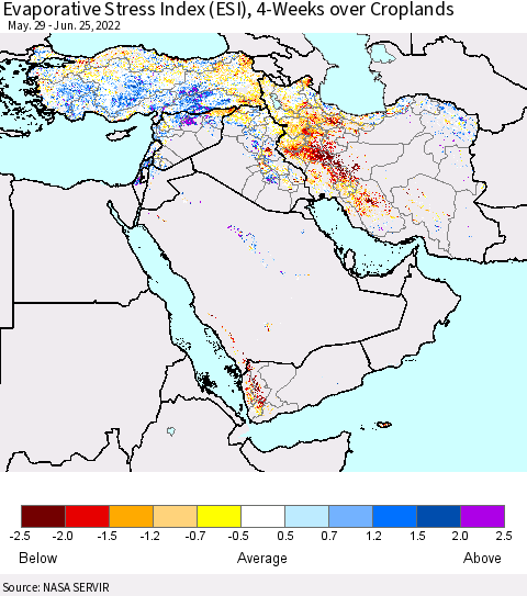 Middle East and Turkey Evaporative Stress Index (ESI), 4-Weeks over Croplands Thematic Map For 6/20/2022 - 6/26/2022