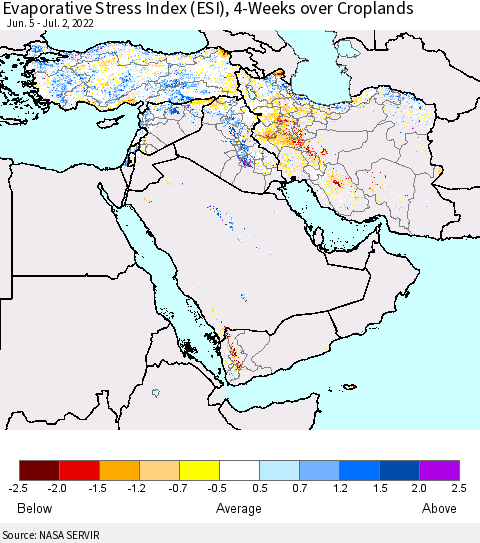 Middle East and Turkey Evaporative Stress Index (ESI), 4-Weeks over Croplands Thematic Map For 6/27/2022 - 7/3/2022