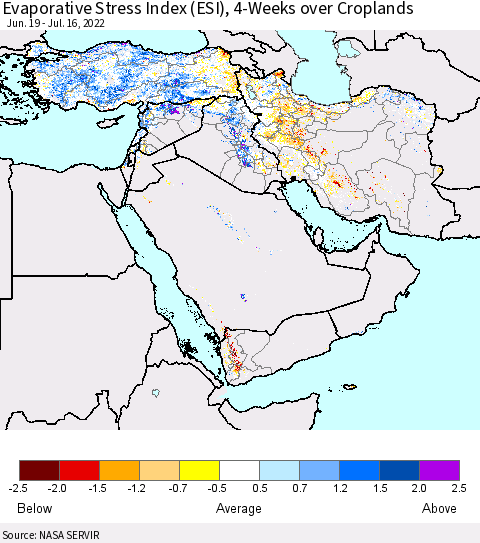 Middle East and Turkey Evaporative Stress Index (ESI), 4-Weeks over Croplands Thematic Map For 7/11/2022 - 7/17/2022