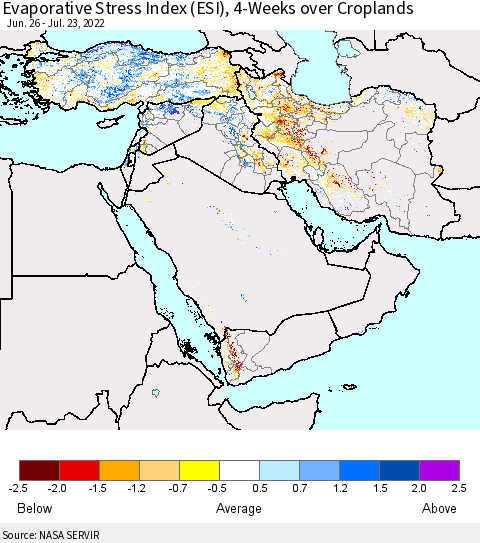 Middle East and Turkey Evaporative Stress Index (ESI), 4-Weeks over Croplands Thematic Map For 7/18/2022 - 7/24/2022