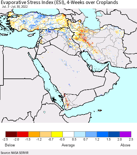Middle East and Turkey Evaporative Stress Index (ESI), 4-Weeks over Croplands Thematic Map For 7/25/2022 - 7/31/2022