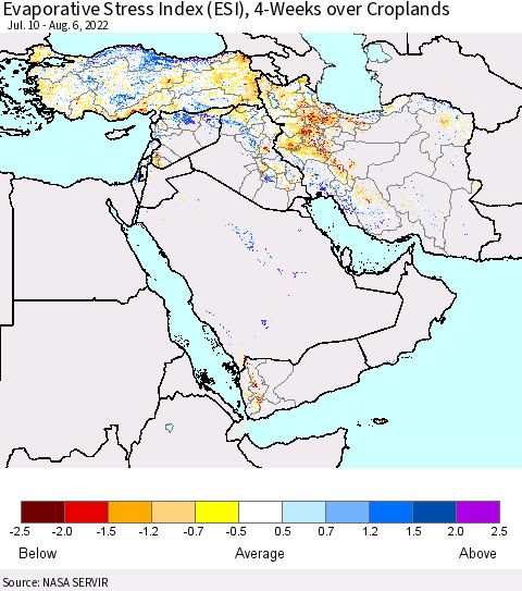 Middle East and Turkey Evaporative Stress Index (ESI), 4-Weeks over Croplands Thematic Map For 8/1/2022 - 8/7/2022