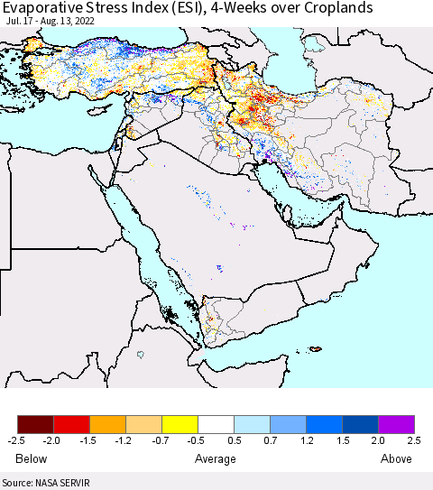 Middle East and Turkey Evaporative Stress Index (ESI), 4-Weeks over Croplands Thematic Map For 8/8/2022 - 8/14/2022