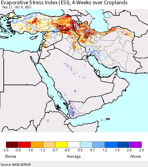 Middle East and Turkey Evaporative Stress Index (ESI), 4-Weeks over Croplands Thematic Map For 10/3/2022 - 10/9/2022