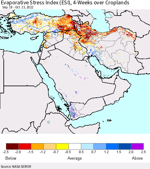 Middle East and Turkey Evaporative Stress Index (ESI), 4-Weeks over Croplands Thematic Map For 10/10/2022 - 10/16/2022
