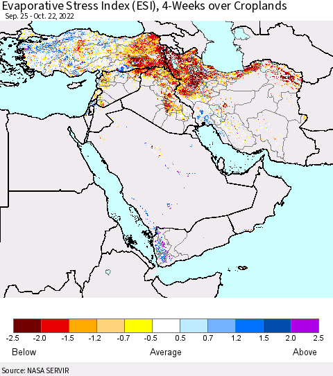 Middle East and Turkey Evaporative Stress Index (ESI), 4-Weeks over Croplands Thematic Map For 10/17/2022 - 10/23/2022