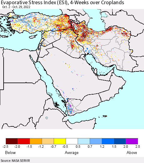 Middle East and Turkey Evaporative Stress Index (ESI), 4-Weeks over Croplands Thematic Map For 10/24/2022 - 10/30/2022