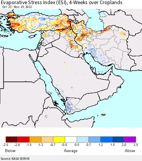 Middle East and Turkey Evaporative Stress Index (ESI), 4-Weeks over Croplands Thematic Map For 11/14/2022 - 11/20/2022