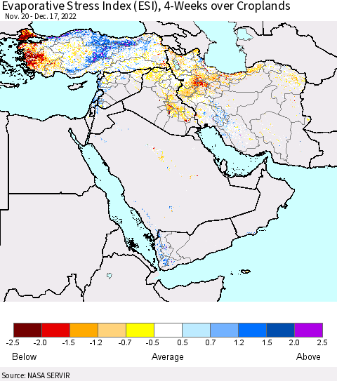 Middle East and Turkey Evaporative Stress Index (ESI), 4-Weeks over Croplands Thematic Map For 12/12/2022 - 12/18/2022