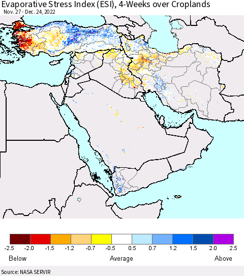 Middle East and Turkey Evaporative Stress Index (ESI), 4-Weeks over Croplands Thematic Map For 12/19/2022 - 12/25/2022