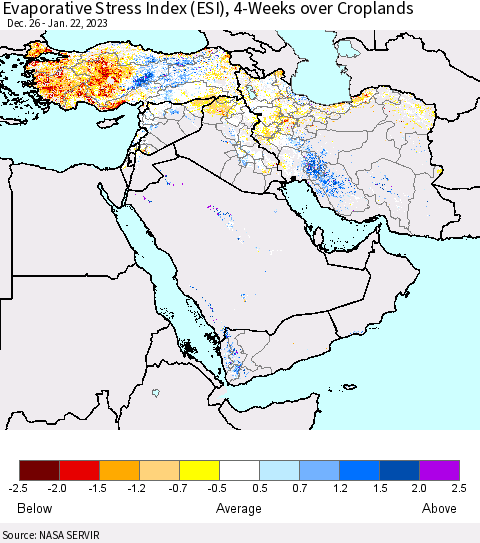 Middle East and Turkey Evaporative Stress Index (ESI), 4-Weeks over Croplands Thematic Map For 1/16/2023 - 1/22/2023