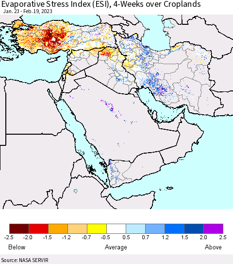 Middle East and Turkey Evaporative Stress Index (ESI), 4-Weeks over Croplands Thematic Map For 2/13/2023 - 2/19/2023