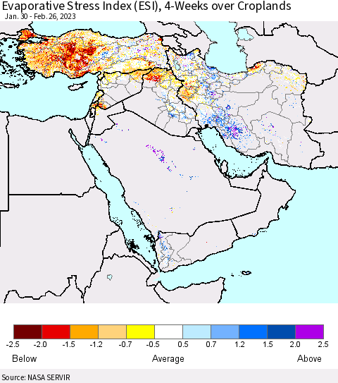 Middle East and Turkey Evaporative Stress Index (ESI), 4-Weeks over Croplands Thematic Map For 2/20/2023 - 2/26/2023